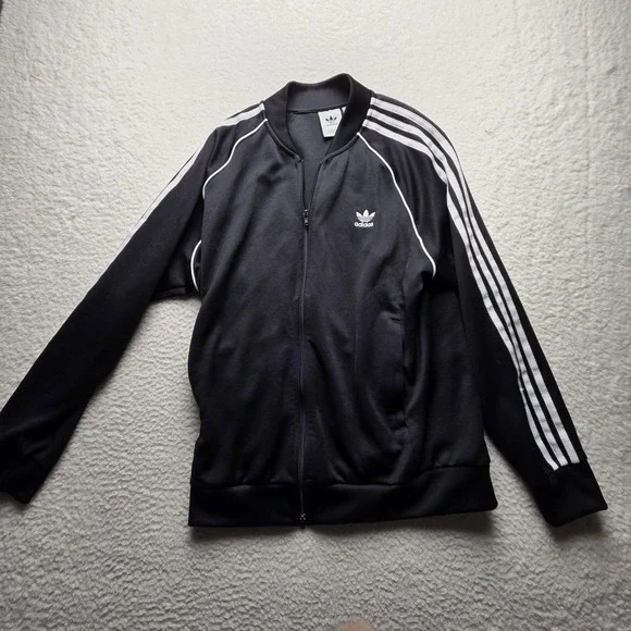 Adidas Track Jacket Mens XL Black Full Zip Three Stripes Trefoil Logo Athletic