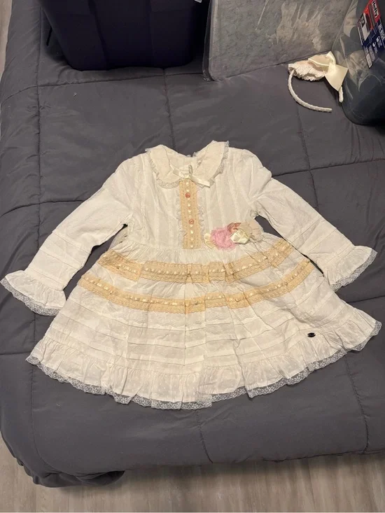 NET, Ivory Lace Tiered Girl's Dress with Gold Trim and Pink Flower