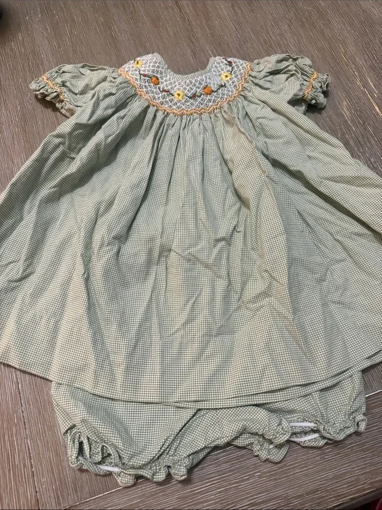 Petit Ami Light Green Gingham Smocked Dress with Sunflower & Pumpkin Accents