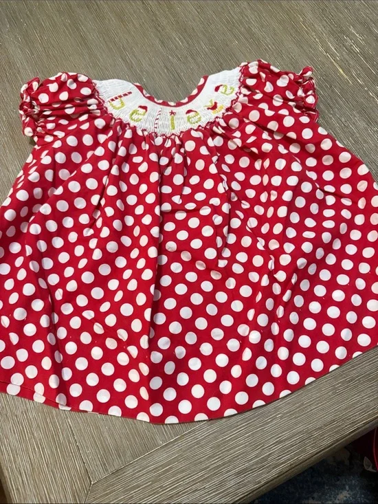 Red Polka Dot “Believe” Smocked Kids Dress