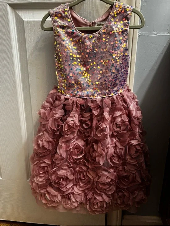 Girls Mauve Sequin Bodice Rosette Skirt Party Dress