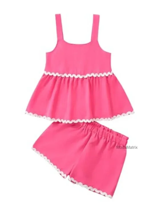 Girls Sleeveless Ruffle Scalloped Hem Tank Top and Short Set