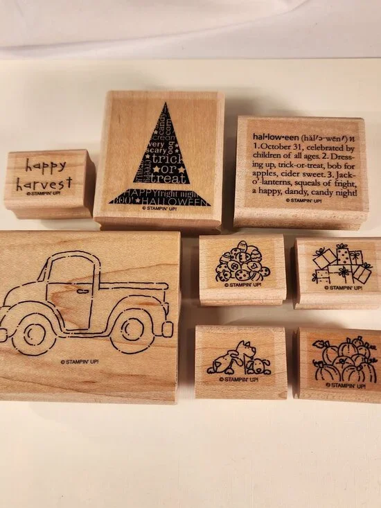 STAMPIN' UP LOT of 8 Wood-Mounted Rubber Stamps With Truck and Halloween Theme