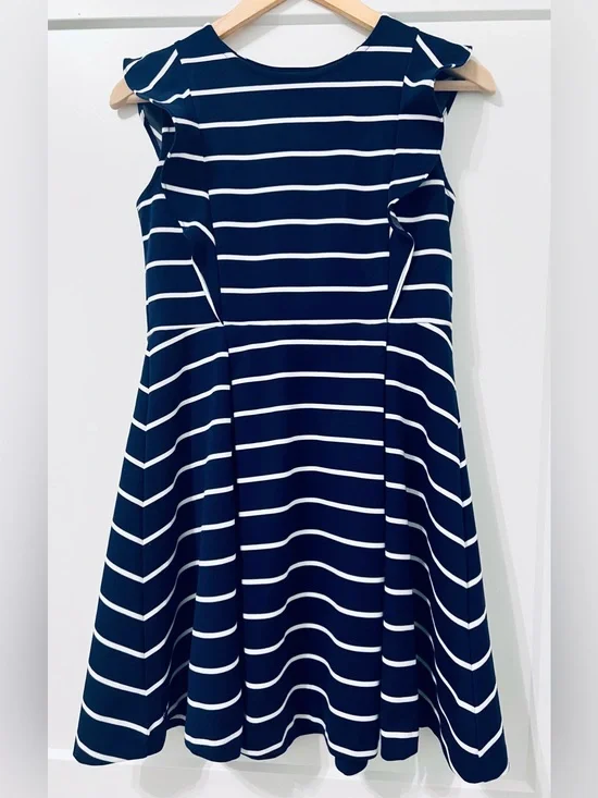 Polo Ralph Lauren Girls XL 16 Navy and white Stripe Ruffle Fit Flare Dress