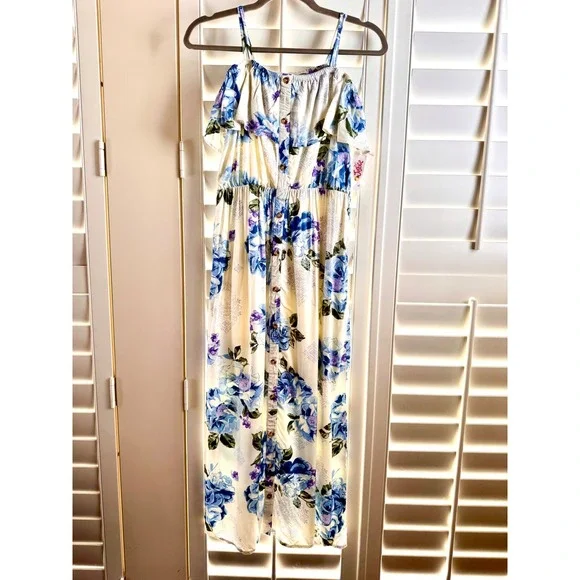 Justice Girls Size 14 Floral Maxi Dress Cold Shoulder Boho Blue Rose Cream NEW