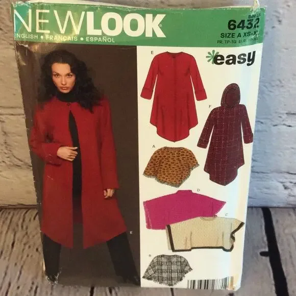 New Look Pattern #6432 UnCut Coat w/Optional Hood Capes Poncho Capelets Sz XS-XL