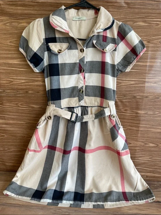 Pre-owned Burberry Beige, Black & Pink Plaid Short Sleeve Shirt Dress