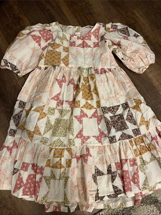 H&M Patchwork Star Print Dress in Pink, Mustard, Olive, Black and Cream