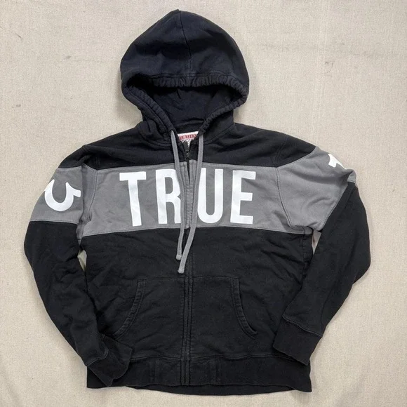 True Religion Zip Up Hoodie Graphic Logo Black Grey Men's L Tagged‎ Women's 2XL