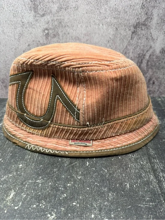 True Religion Corduroy Striped Bucket Hat Peach Brown Men L/XL