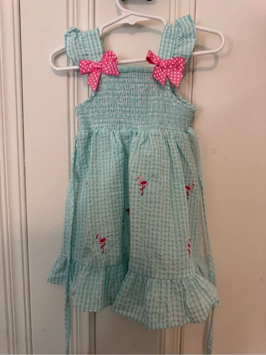 Aqua Gingham Smocked Sundress with Pink Bow Accents - Kids