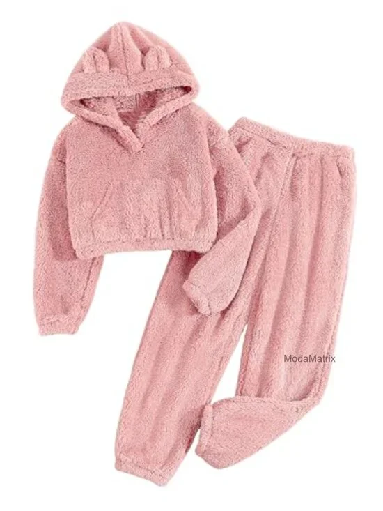 Girls Fuzzy Bear Ear Plaid Hoodie Pullover Sweatshirt with Pocket Sweatpants 2