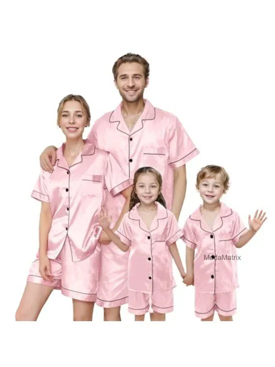 Matching Family Silk Pajama Set Button Down Satin Loungewear 2 Piece Top Shorts