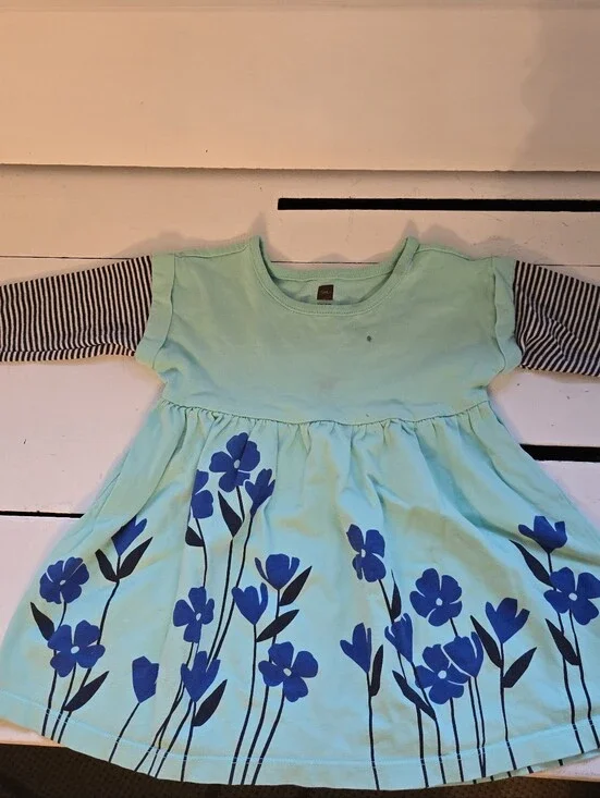 Tea Collection Mint Dress with Navy Floral Skirt and Striped Sleeves