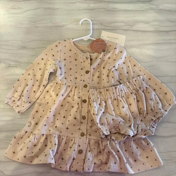 Makemake Organic Cotton Dress and Bloomer Set Stars Button Down Tiered 18-24m