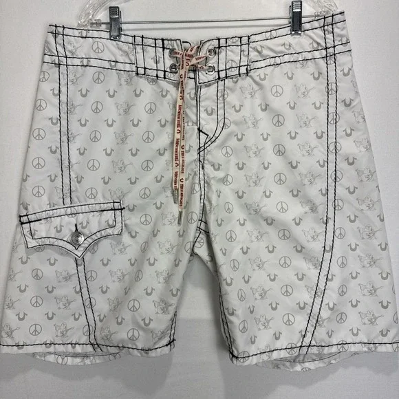 True Religion White Cargo Swim Shorts sz 36  Buddha Guitar Trunks Board 9 inseam