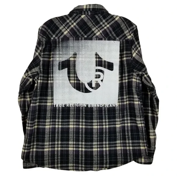 True Religion Mens Plaid Flannel Shirt‎ Purple Black Logo Graphic Small S