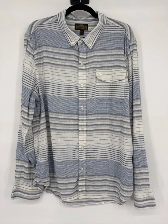 True Religion Linen Cotton Striped Button‎ Up Shirt XXL Coastal Beach Nautical