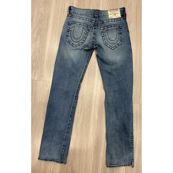 True Religion Ricky Relaxed Straight Jeans 30x33.5 Casual *Leg Split*‎ Dark Wash