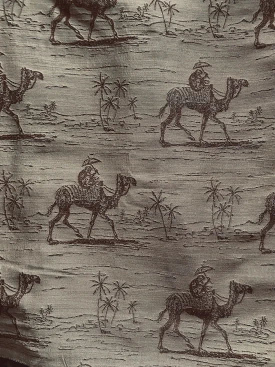 Coppery Brown Desert Scene Camel Monkey Antique Satin Jacquard 55”x 72” Brocade