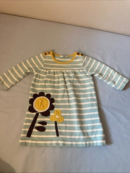 Baby Boden Mint & White Striped Dress with Yellow Flower Appliqué