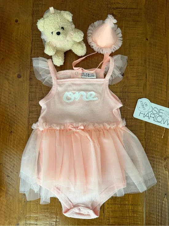 First Birthday peach dress with party hat