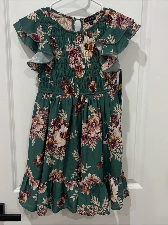 Girls' Green Floral Ruffle Dress