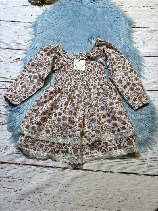NWT cheeky plum Cream Floral Smocked Top with Mauve Trim SZ 5T