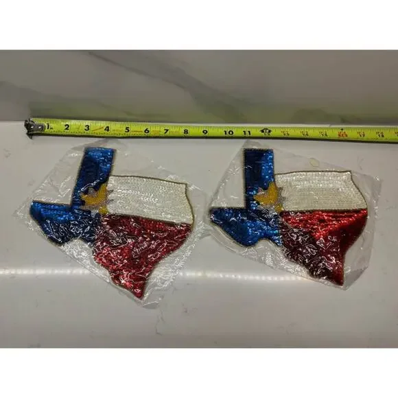 Vintage New Texas Yellow Rose Red Blue Sequin Beaded Patch Appliqué Set of 2