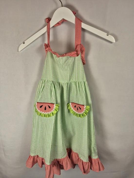 Sugar Dumplin Girls' Green Watermelon Halter Dress 100% Cotton Size 7