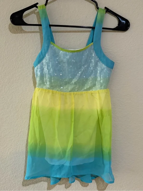 Cakara Girls M Blue Green Ombre High Low Chiffon Party Dress Sequin Formal
