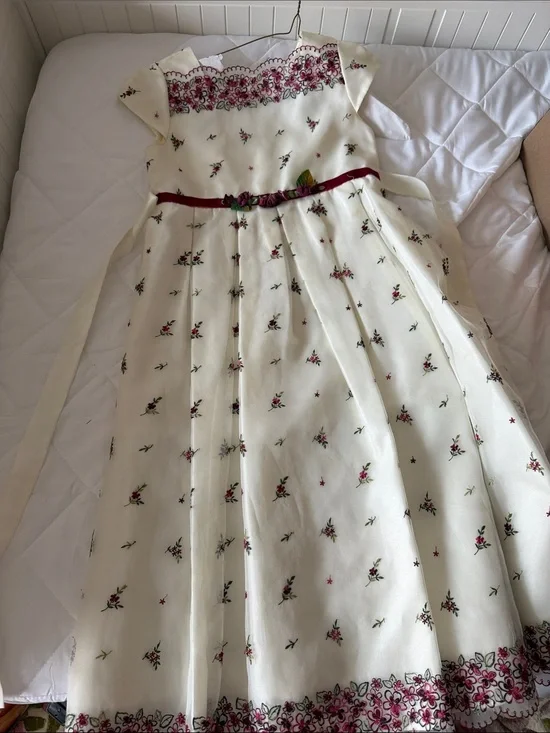 Biscotti Ivory Dress with Pink and Burgundy Floral Embroidery