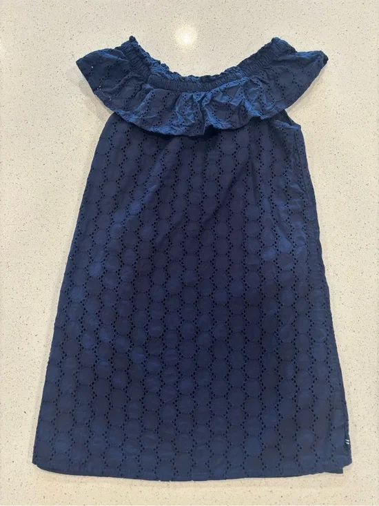 Nautica Girls Navy Eyelet Ruffle Off-Shoulder Dress, Size 7