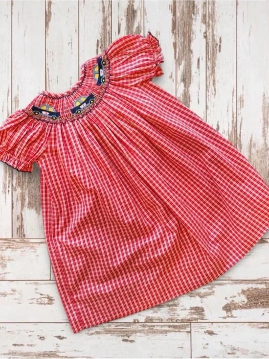 Vintage Red Gingham Smocked Bishop Dress