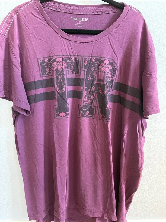 True Religion Mauve Graphic TR Short Sleeve Tee with Dark Gray Stripes