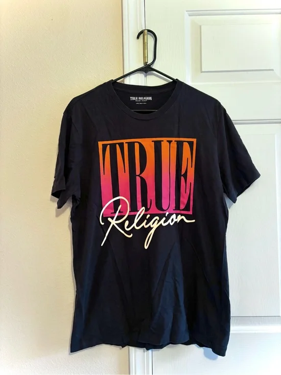 True Religion Black Orange-to-Pink Graphic Crew T-shirt L