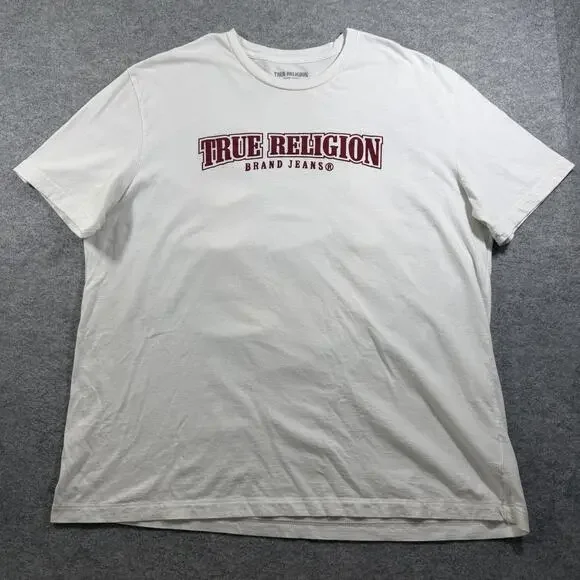 True Religion T Shirt Mens 3XL White Red Horseshoe Paint Logo Relaxed Fit Street
