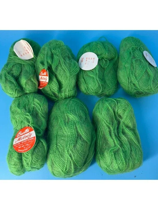 7 Vintage Bucilla Melody Mohair Blend Yarn Skeins Bright Green 1 oz Italy