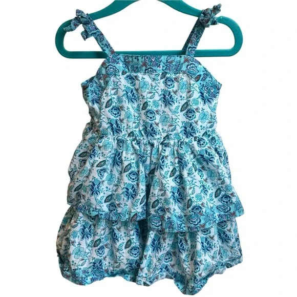 Janie and Jack Girls Sleeveless Blue Floral Tiered Ruffle Dress. 12-18 Months.