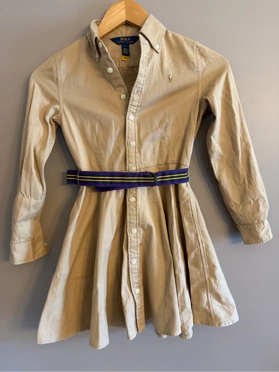 Polo Ralph Lauren Girls Khaki Chino Cotton Belted Long Sleeve Shirt Dress 8