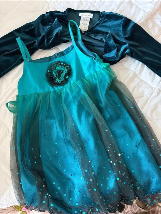 Unbranded Teal Tulle Kids Costume Dress with Velvet  cardigan