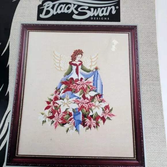 Black Swan POINSETTIA Cross Stitch Pattern Retired Fairy Flower Angel VTG Weaver