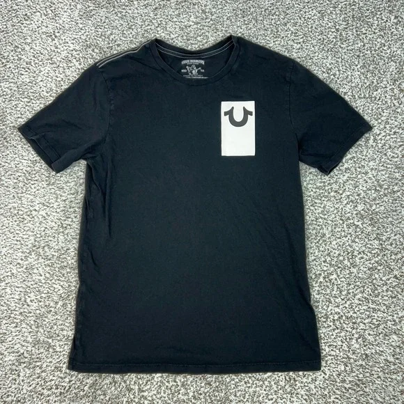 True Religion Shirt Mens Large Black Vertical Back Logo Graphic‎ Tee T Top