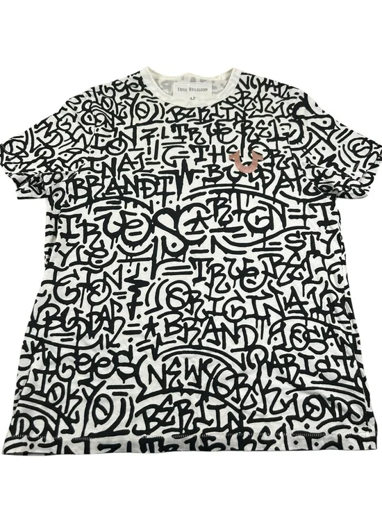 TRUE RELIGION Graffiti Print Graphic T Shirt White Black Metallic Horseshoe M