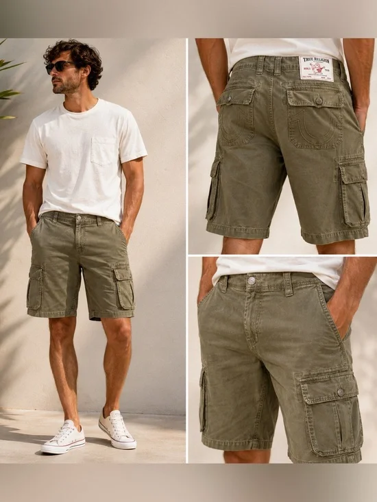 True Religion Men's Olive Cargo Shorts Military Utility Cotton Size 38