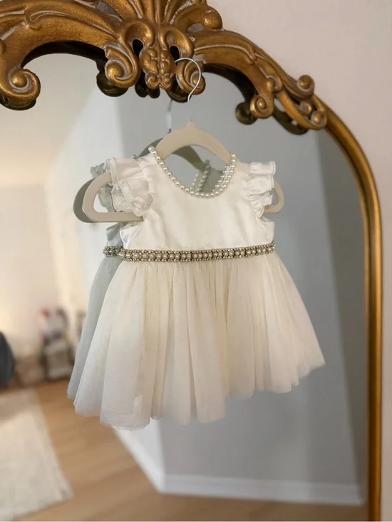 Pearl-Trim Ivory Tulle Baby Dress
