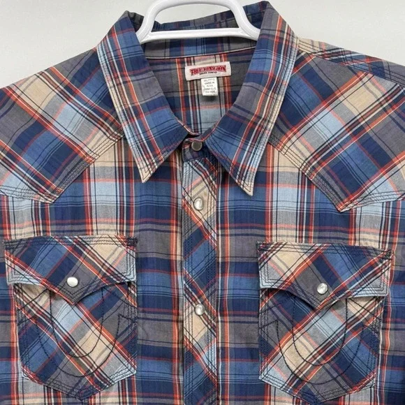 True Religion Mens 3XL Plaid Western Pearl Snap Long Sleeve Shirt Blue Orange