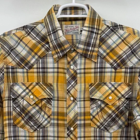 True Religion Mens Rocky Plaid Western Pearl Snap Shirt Yellow Brown XXL Cotton