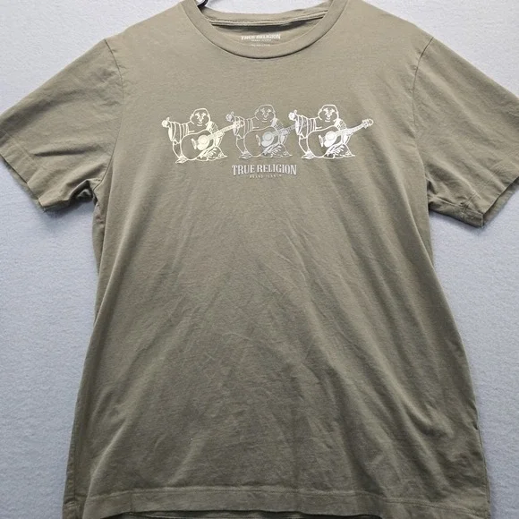 True Religion Shirt Mens Large  Graphic Buddha Short Sleeve Tee Olive Green‎