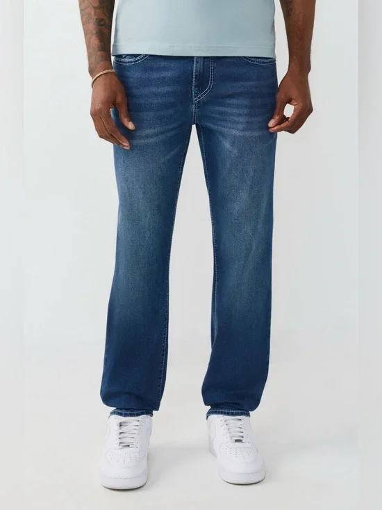 True Religion Geno Big T Flap Slim Straight Jeans 36x32 Medium Wash NWT $204